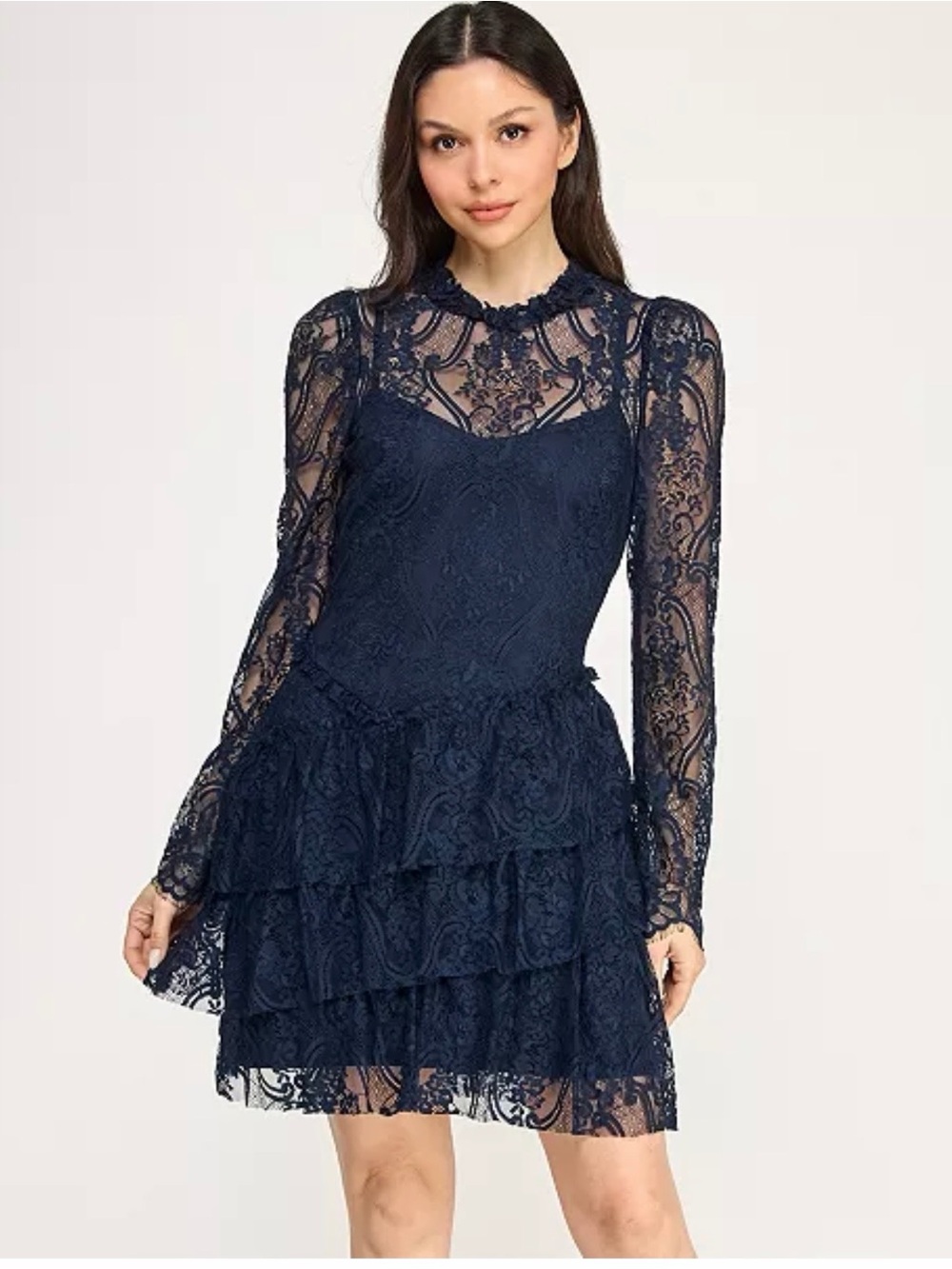 Women's Navy Lace Tiered Long-Sleeve Dress